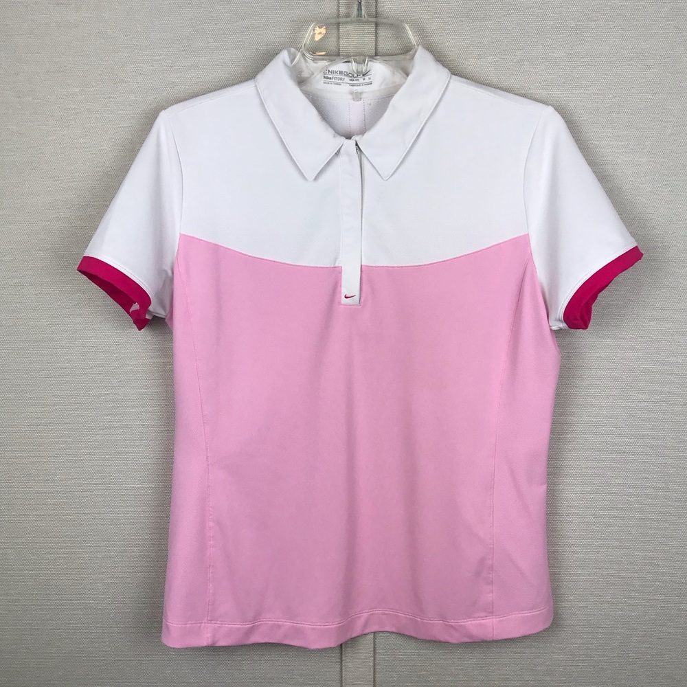 Nike Golf Pink White Quarter‑Zip Polo Sz M • Fit Dry • Performance • EUC